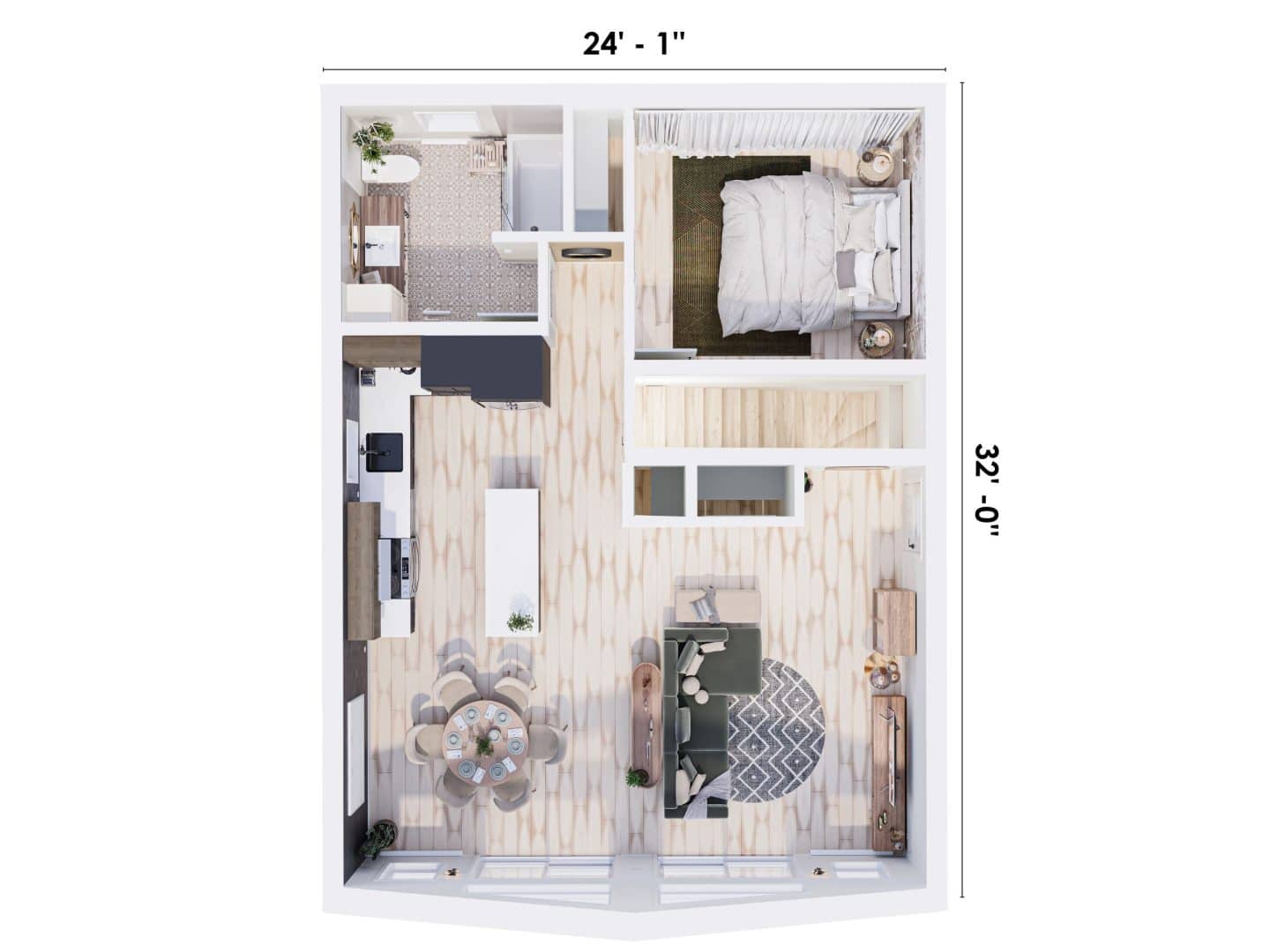 Épervier model, a single-storey chalet. View of the 3D plan from above.