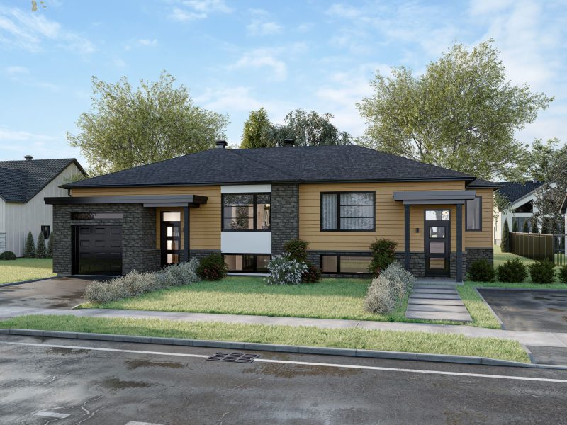 Semi-detached model named Strass, homes that can be bi-generational in contemporary style. View from outside.