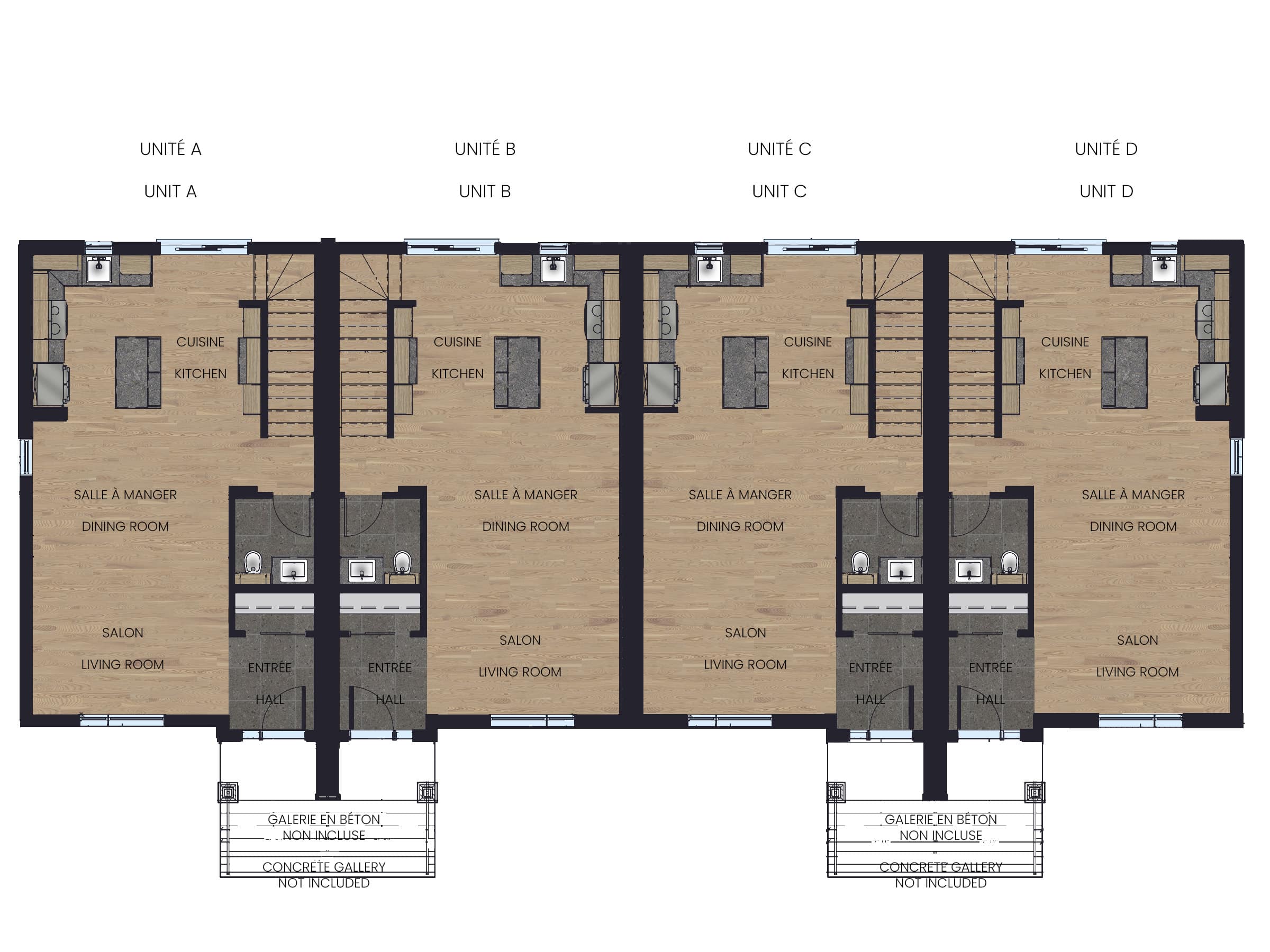 The Onesto model is a single-story townhouse in a contemporary style. View of the first floor plan.