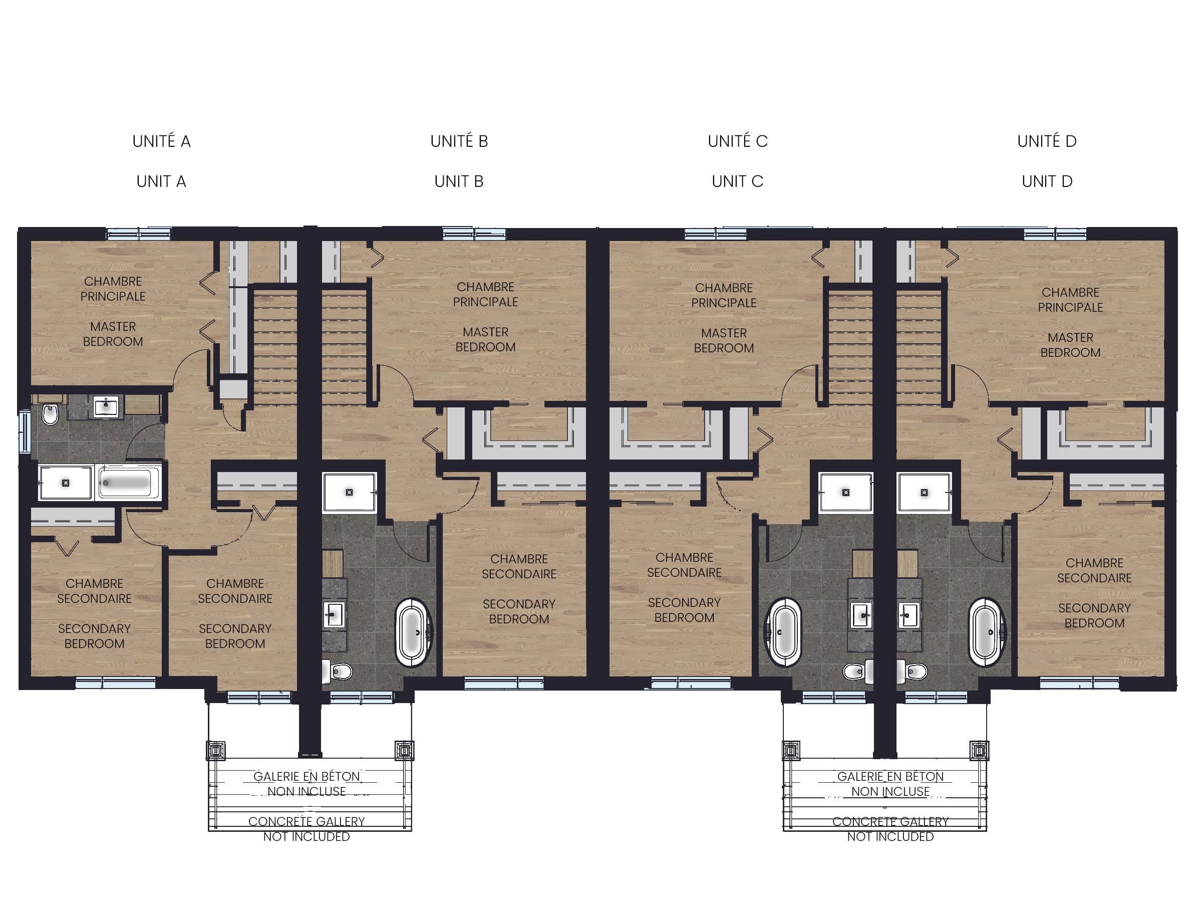 Le modèle Onesto est une maison de ville de plain-pied de stype contemporain. Vue du plan 2D de l'étage