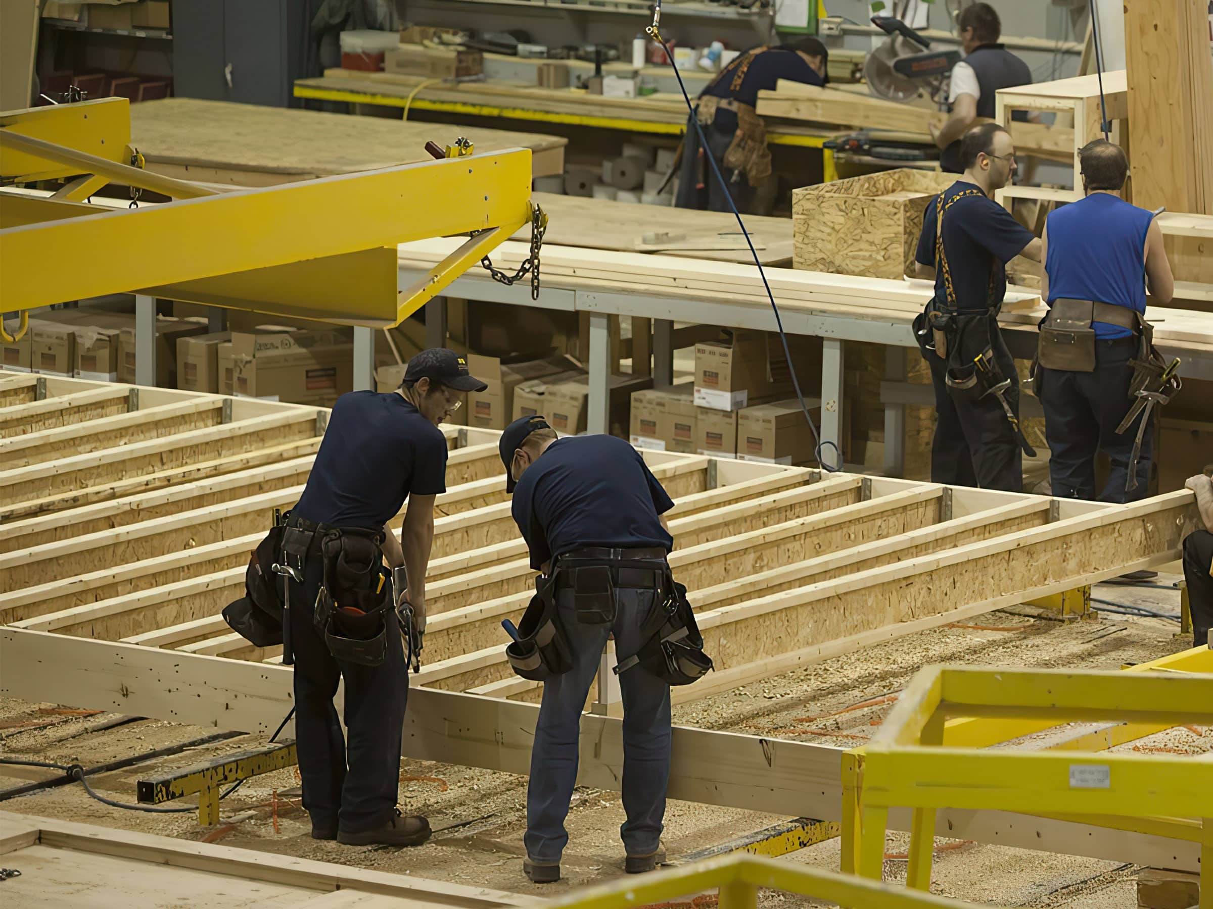 Two carpenters at work in a factory.