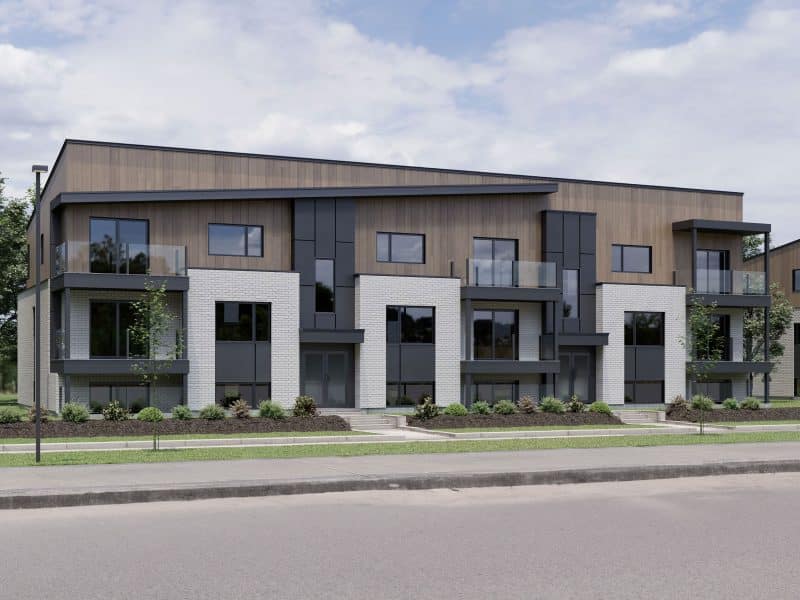 Vinkel-9 multi-dwelling model with contemporary styling. View from outside.