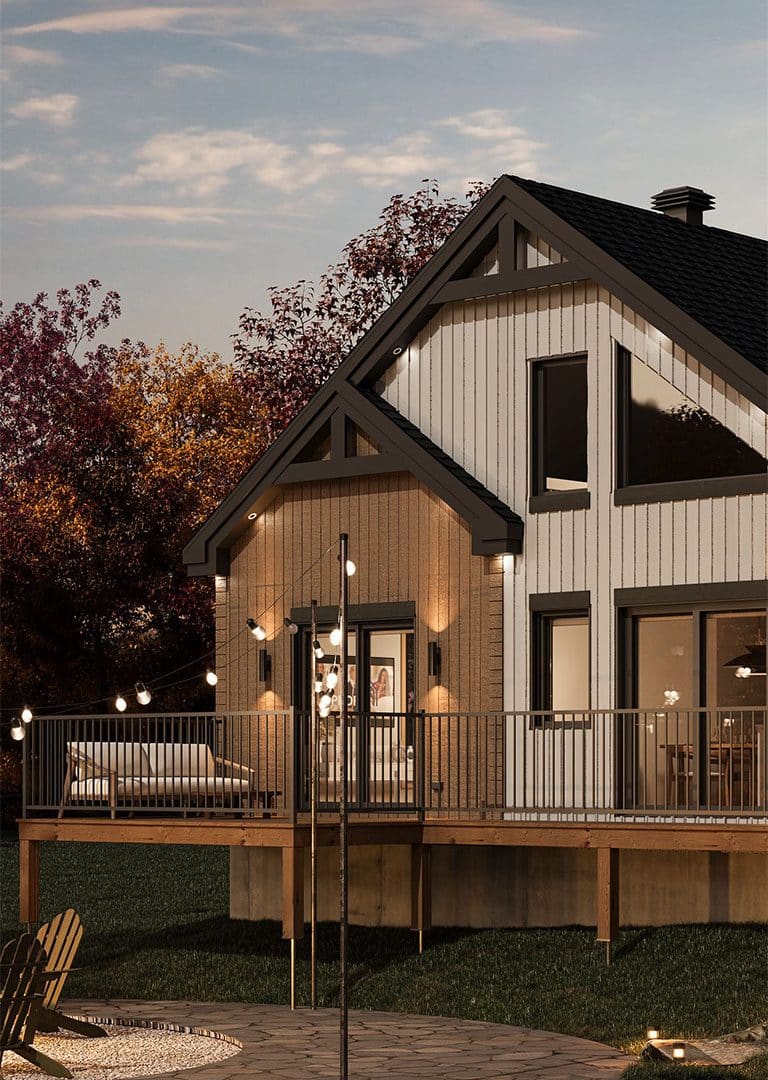 Scandinavian-style Bastida single-storey prefabricated chalet. Exterior rear view.